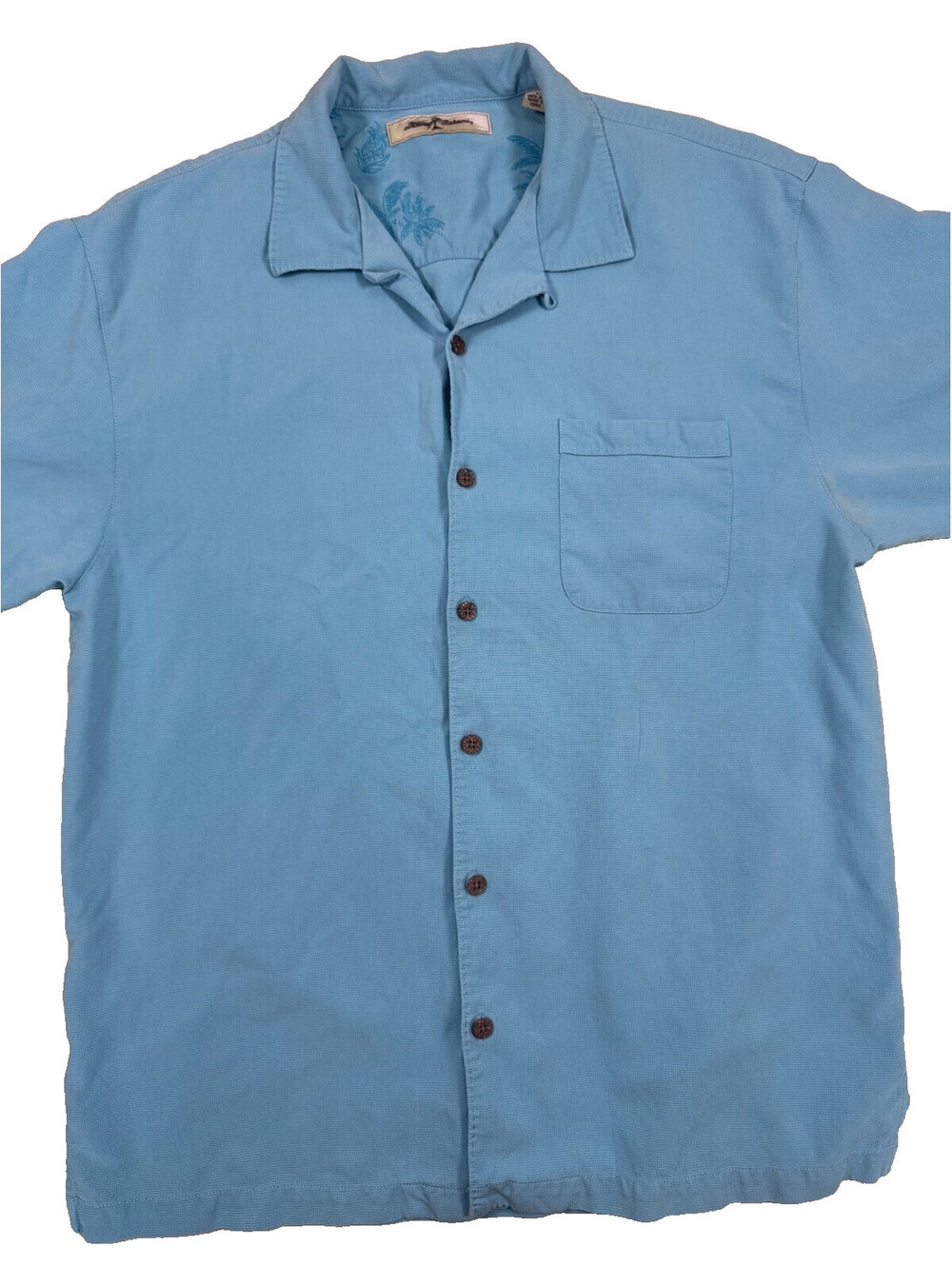 Tommy Bahama Men's Short Sleeve Shirt Large Blue 100% Silk Embroidered Design